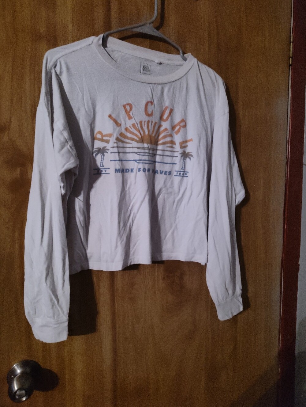Rip Curl White Long-Sleeve Graphic Crop Tee with Orange Sun